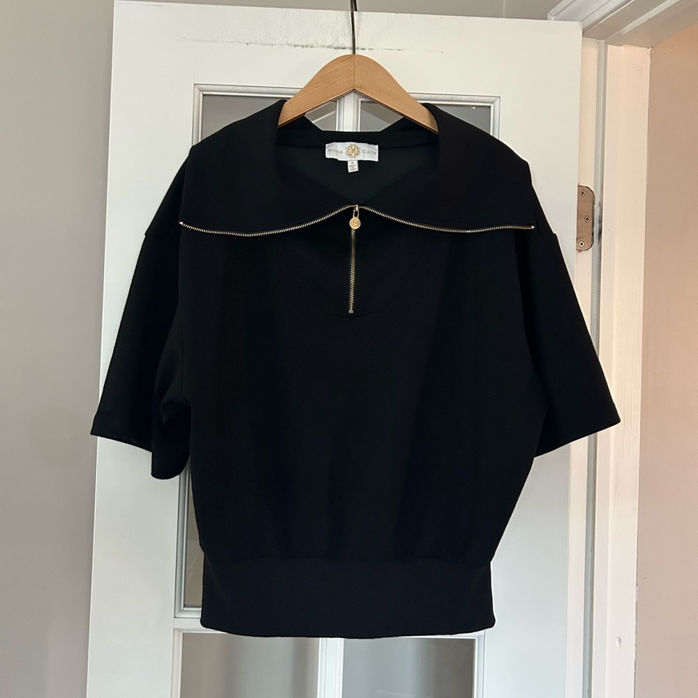 Anna Cate Josie Short Sleeve Half-Zip Sweatshirt Knit Black Gold Size M